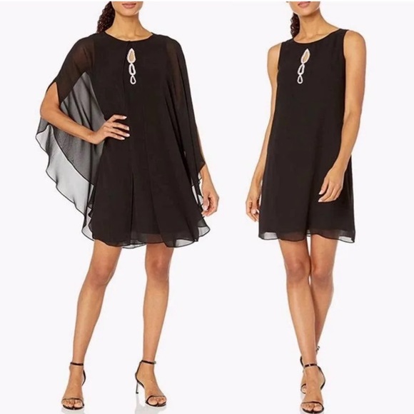 SLNY Dresses & Skirts - Elegant Black Chiffon Cape Dress